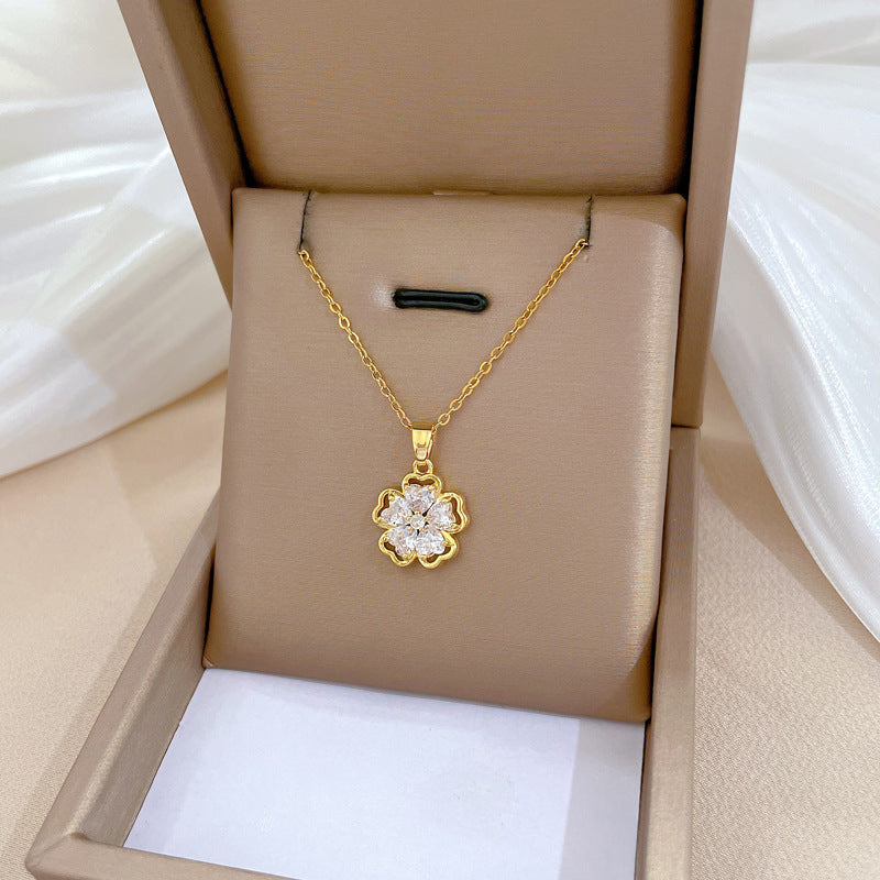 Minimalist Floral Hollow-Out Necklace and Earrings Set in Titanium Steel with Plated Finish for Women