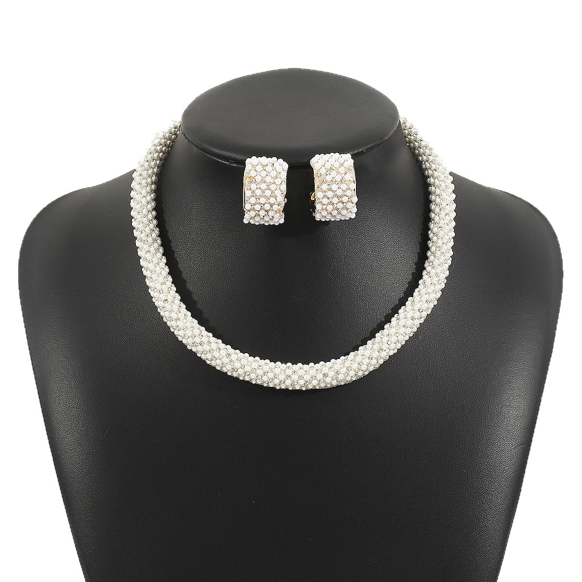 Parure Elegante di Collana e Orecchini di Perle in Stile Francese da Donna con Dettagli in Strass su Base in Lega e Catena di Perle Artigianale