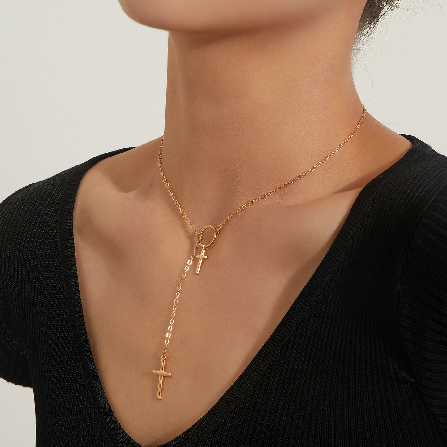 Minimalist Double-Layer Cross Pendant Necklace for Women in Alloy with Electroplated Finish