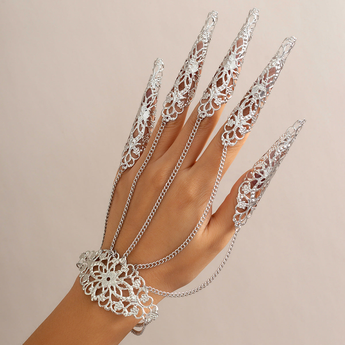 Gothic Punk Plated Alloy Geometric Floral Finger Chain Bracelet for Women