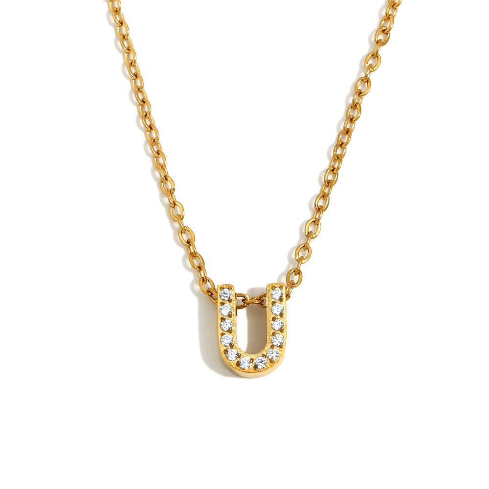 Minimalist Fashion Letter Pendant Necklace for Women Stainless Steel with 18K Gold Plating and Rhinestone Inlay