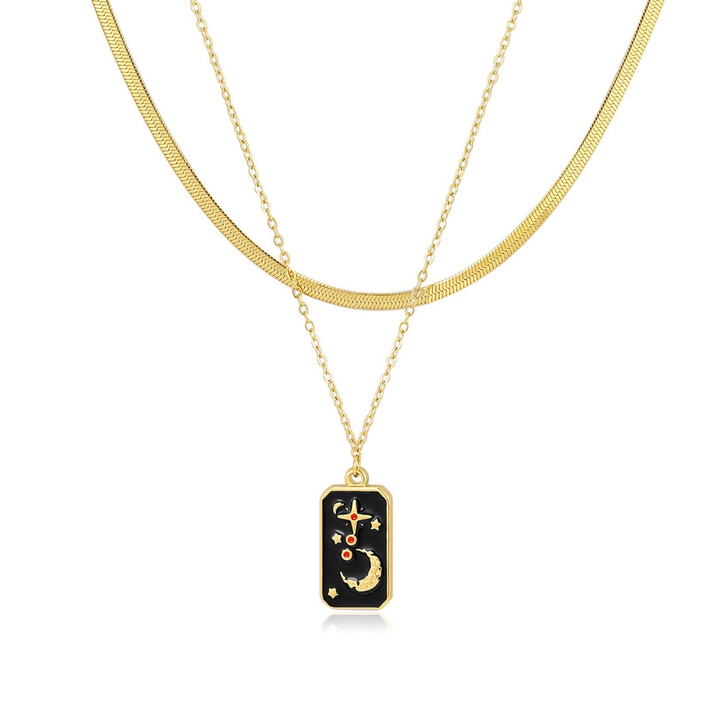 Collana Pendente Tarocchi Vintage a Doppio Strato in Acciaio Inossidabile con Design Divinità Solare Floreale a Ottagramma Sole e Luna su Catena Serpentina