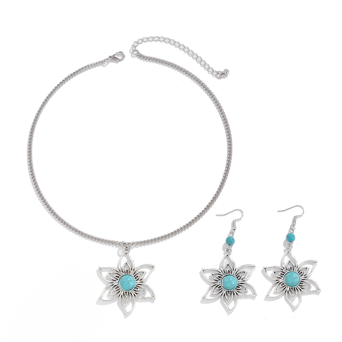 Collana Donna in Stile Etnico con Ciondolo Turchese e Palma, Forma Geometrica, Struttura in Lega, Incassatura Micro-Pavé, Catena a O