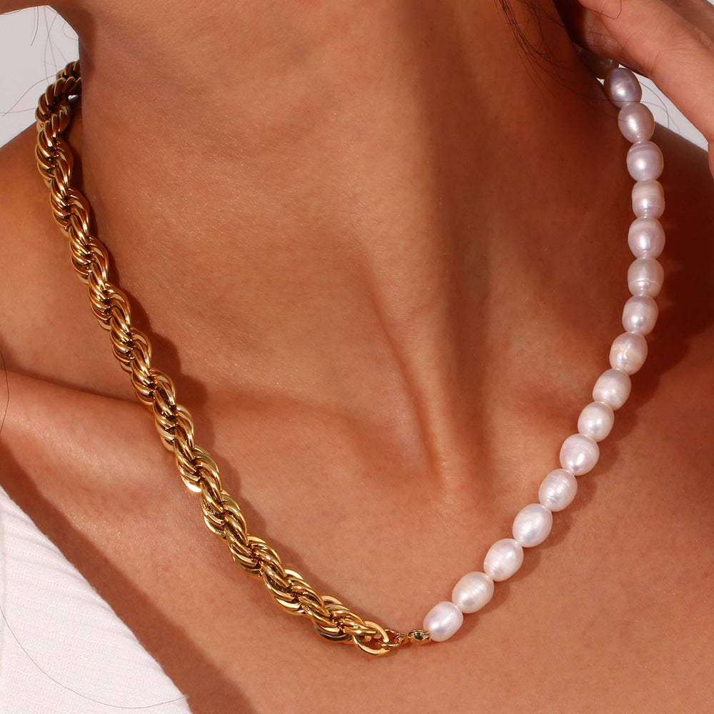 Minimalist Geometric Titanium Steel Plated Pearl Necklace for Women with Adjustable Chain