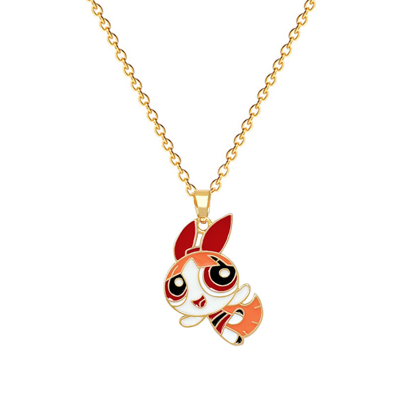 Sweet Cartoon Moon Geometric Rhinestone Pendant Titanium Steel Necklace for Unisex