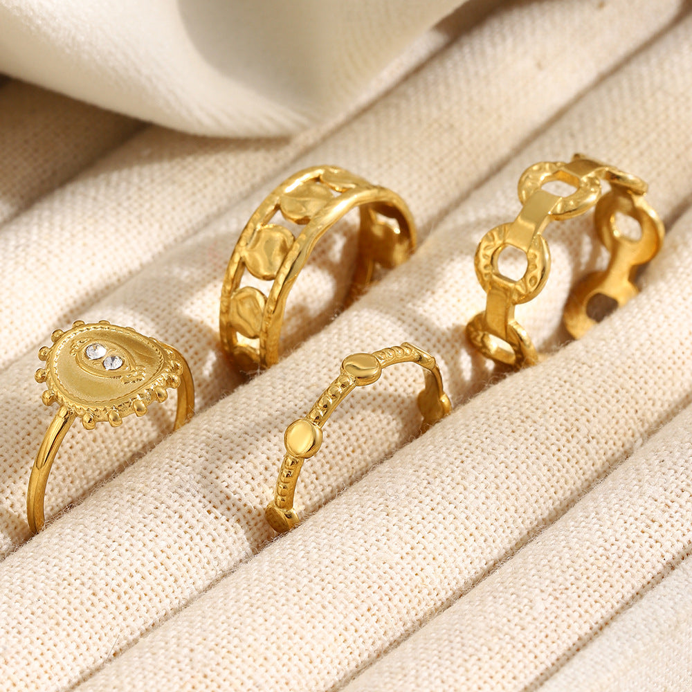 Elegant Luxury 18K Gold Plated Stainless Steel Round Geometric Rhinestone Open Ring for Women