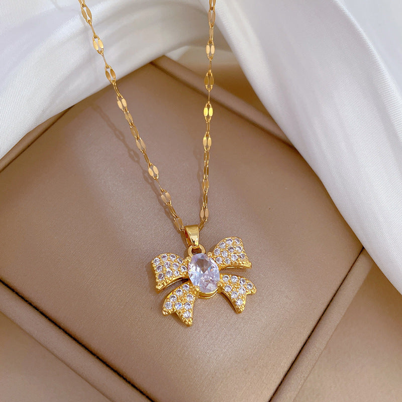 Luxury Micro-Paved Butterfly Pendant Necklace in Titanium Steel with Rhinestone Inlay for Women, Adjustable Chain 21-50 cm