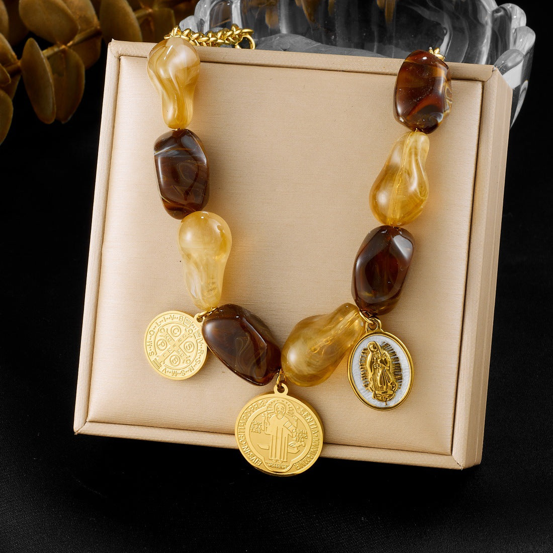 Vintage Gold Plated Stainless Steel Round Pendant Necklace and Bracelet Set with Cross and Geometric Patterns