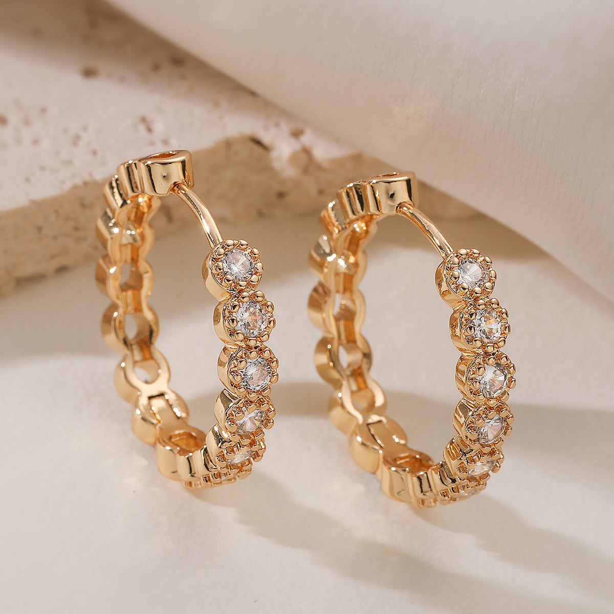 Minimalist Luxury Gold Plated Brass Geometric Hoop Earrings with Cubic Zirconia for Women