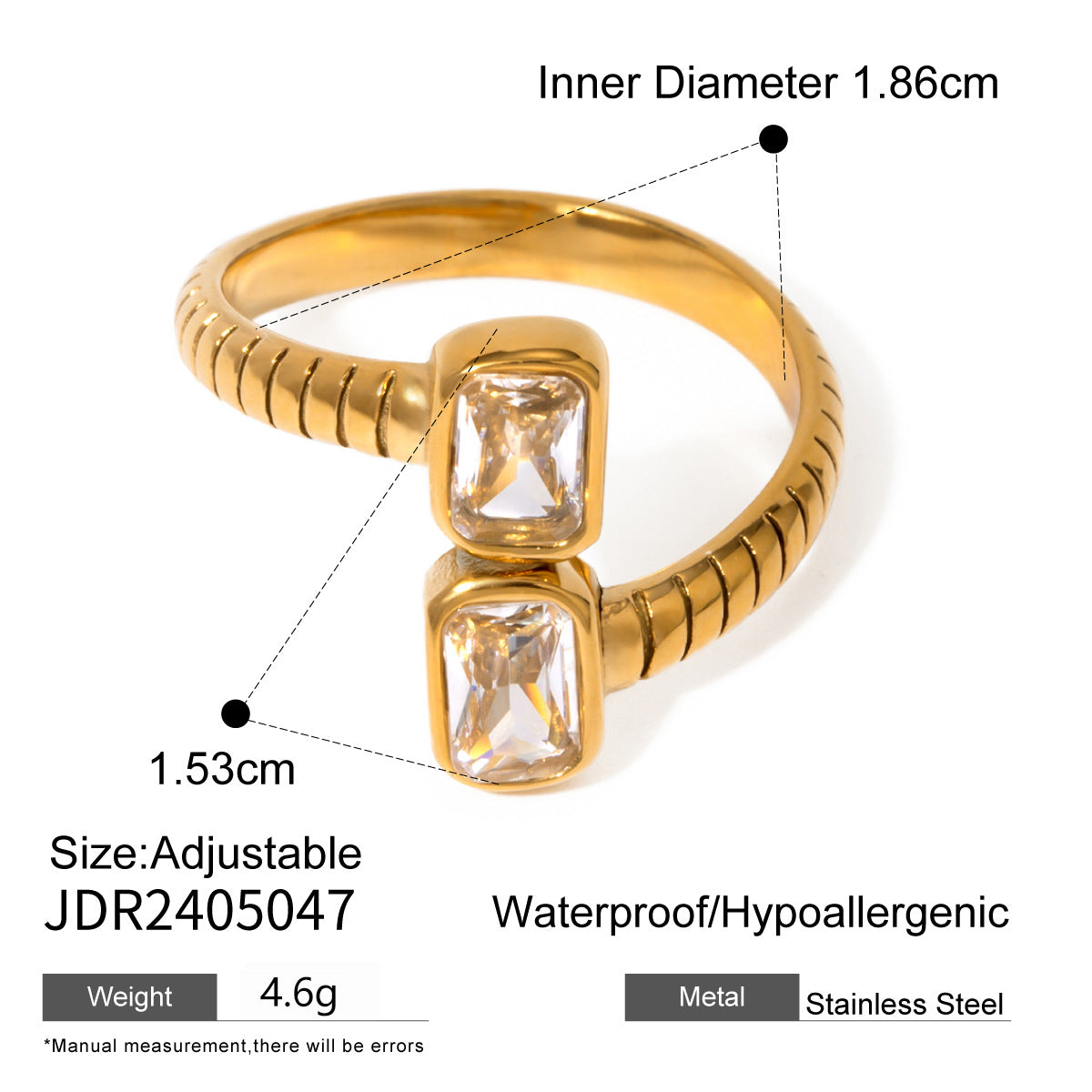 18K Gold Plated Geometric Stainless Steel Ring with Cubic Zirconia