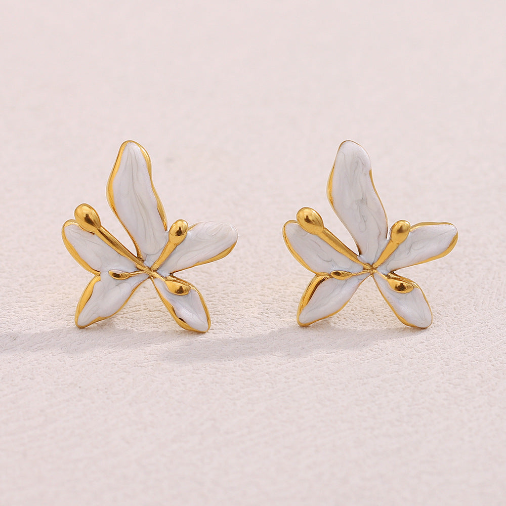 Minimalist French-Inspired Floral Stud Earrings in Stainless Steel with 18K Gold Plating and Enamel Finish