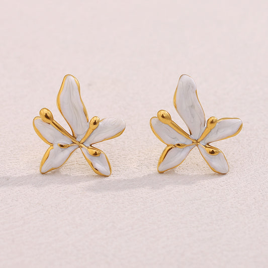 Minimalist French-Inspired Floral Stud Earrings in Stainless Steel with 18K Gold Plating and Enamel Finish