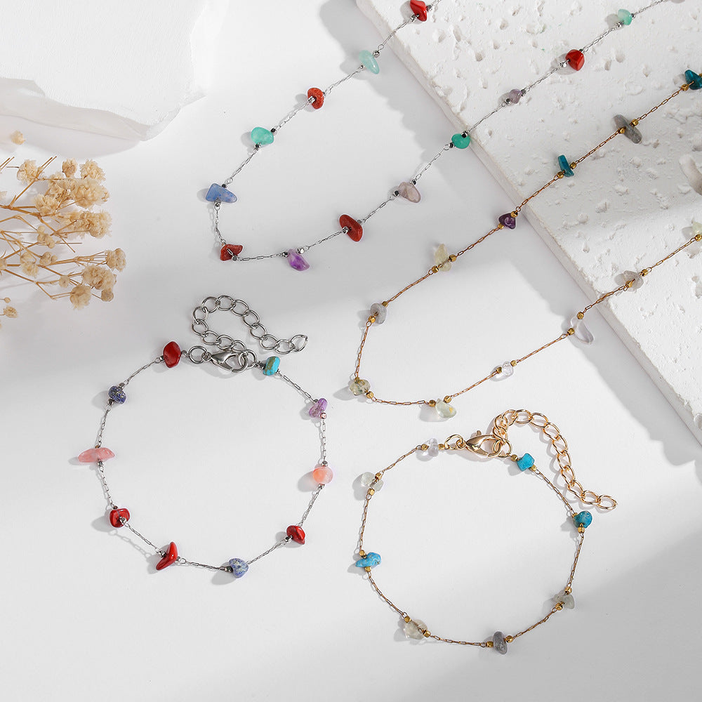 Colorful Irregular Raw Stone Geometric Necklace and Bracelet Set for Women
