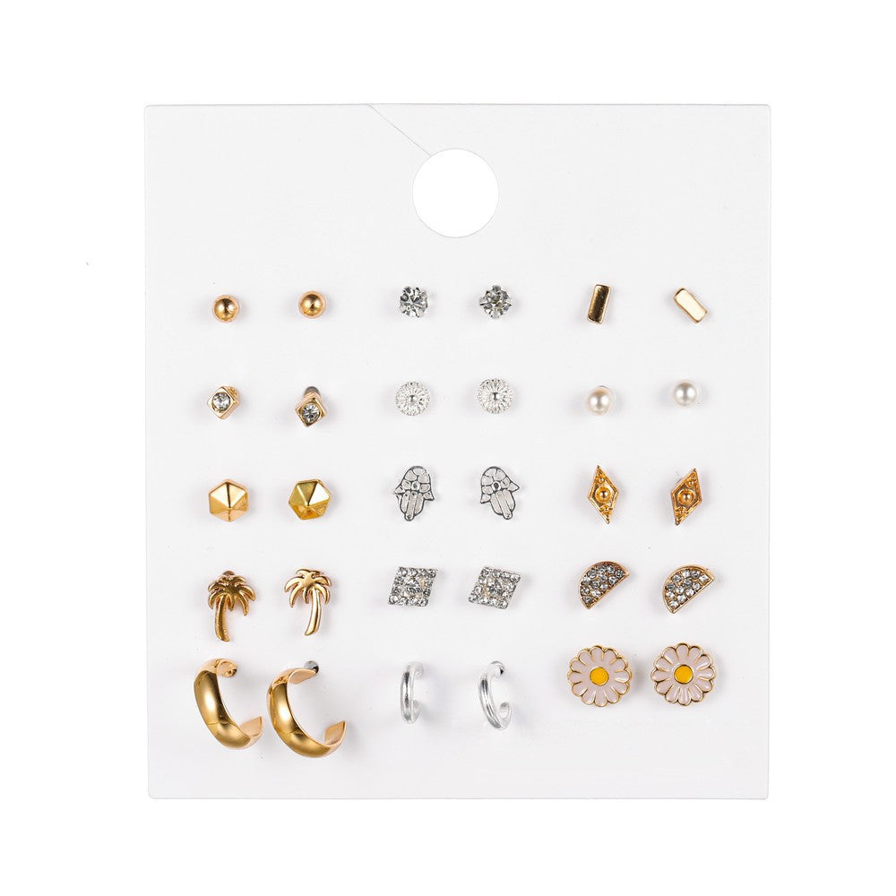 Vintage Geometric Butterfly Round Rhinestone and Pearl Plated Alloy Earring Set