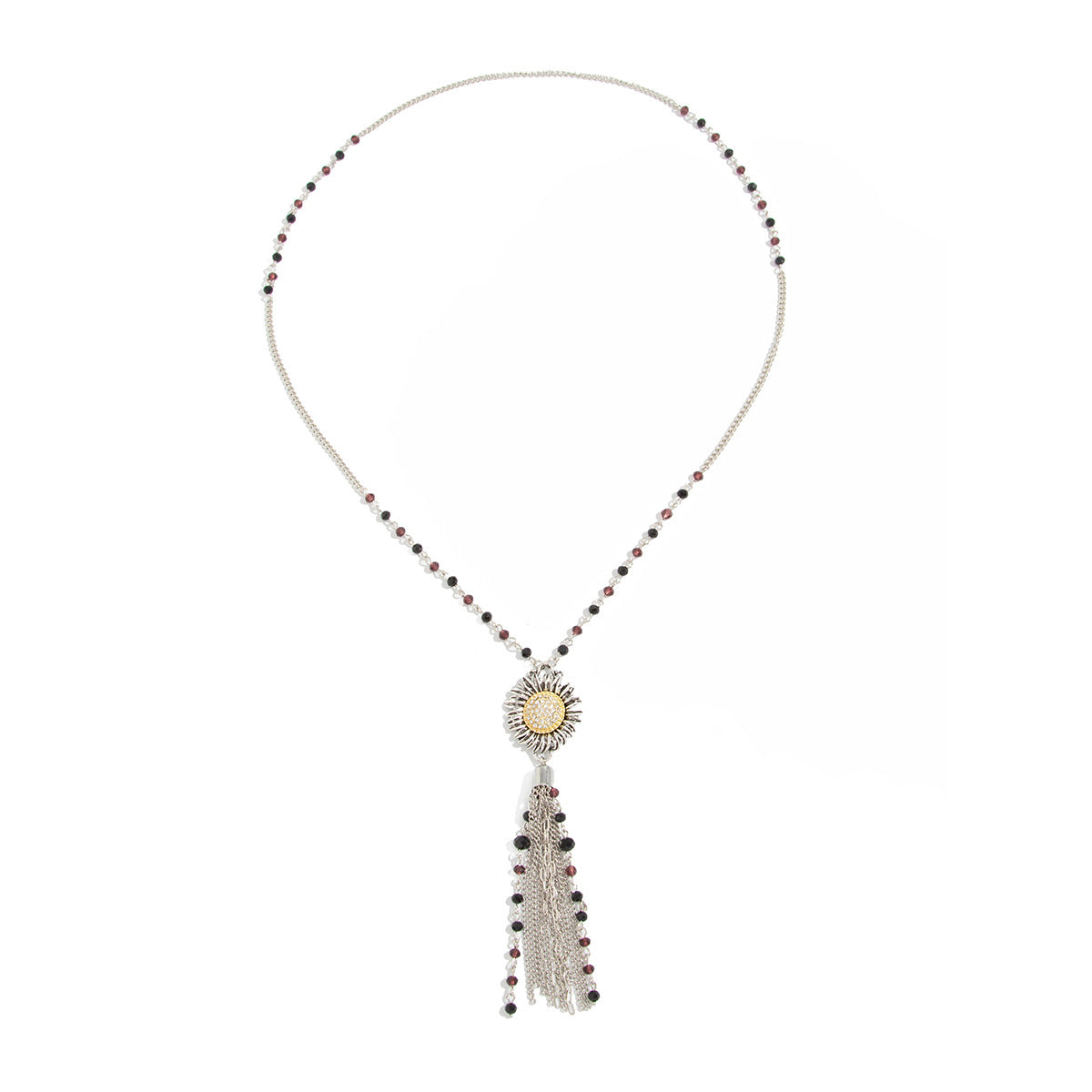 Vintage Floral Hollow Out Zinc Alloy Pendant Necklace with Crystal Tassel Iron Chain
