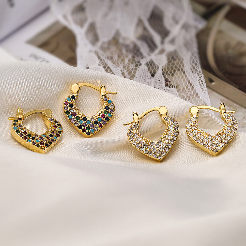 Fashionable Heart-Shaped Copper Earrings with Real Gold Plating and Zircon Inlay for Women