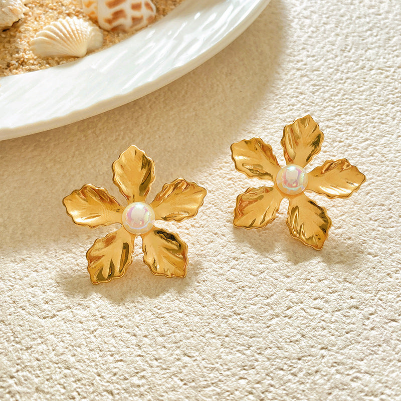 Sweet Sunflower Plant Brass Stud Earrings with Stainless Steel Posts