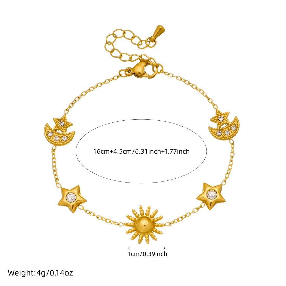 Sweet Gold Plated Stainless Steel Star Moon Sun Pendant with Rhinestone Inlay for Women