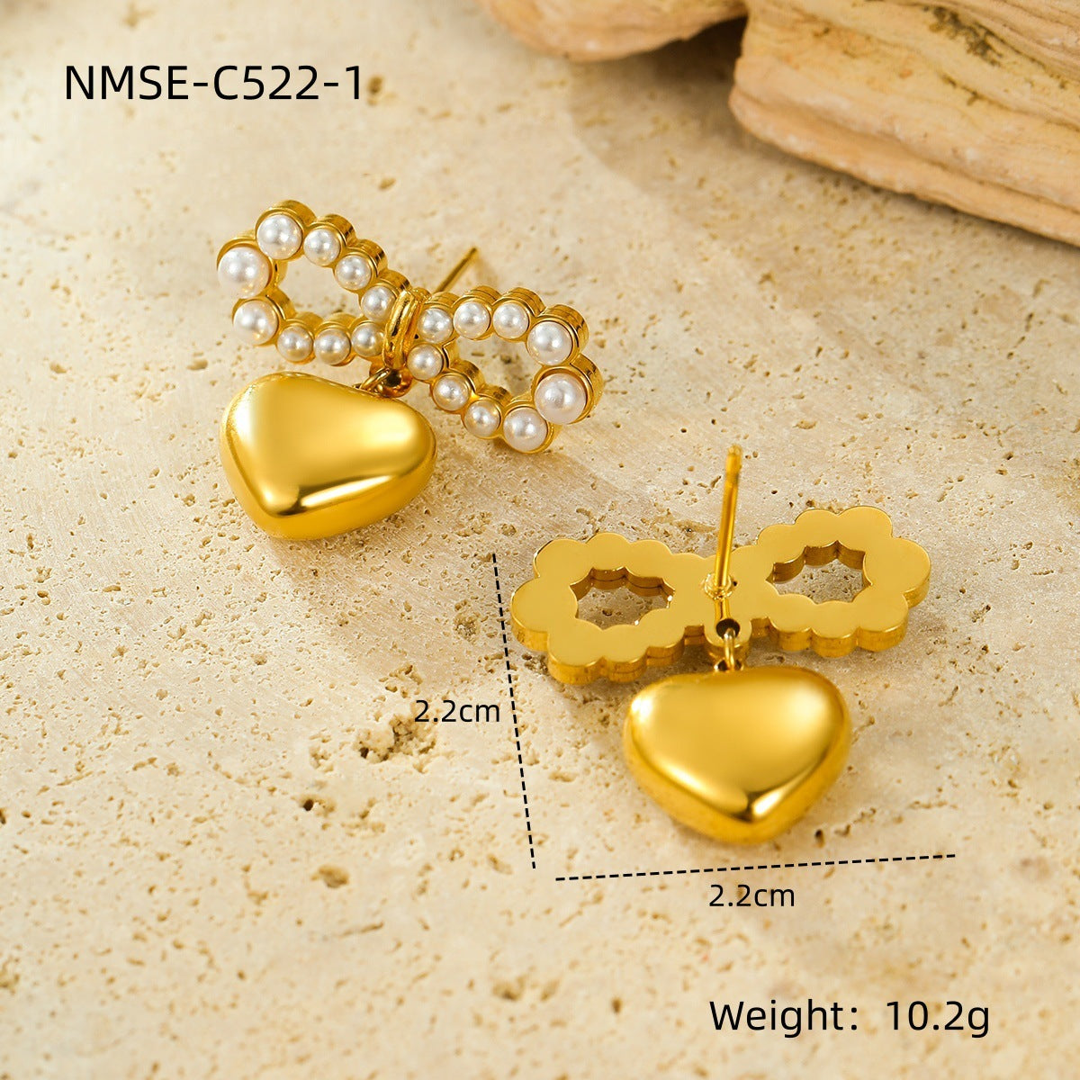 Elegant Bowknot Pearl Heart Pendant Stud Earrings in Stainless Steel with 18K Gold Plating