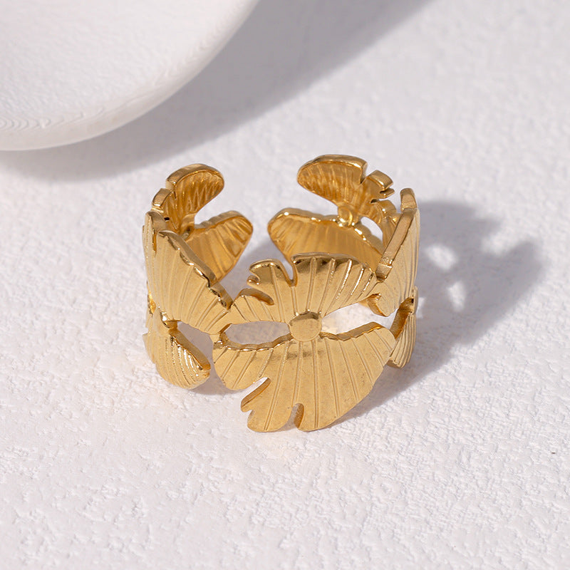 Minimalist 18K Gold Plated Stainless Steel Ginkgo Leaf Open Ring for Women