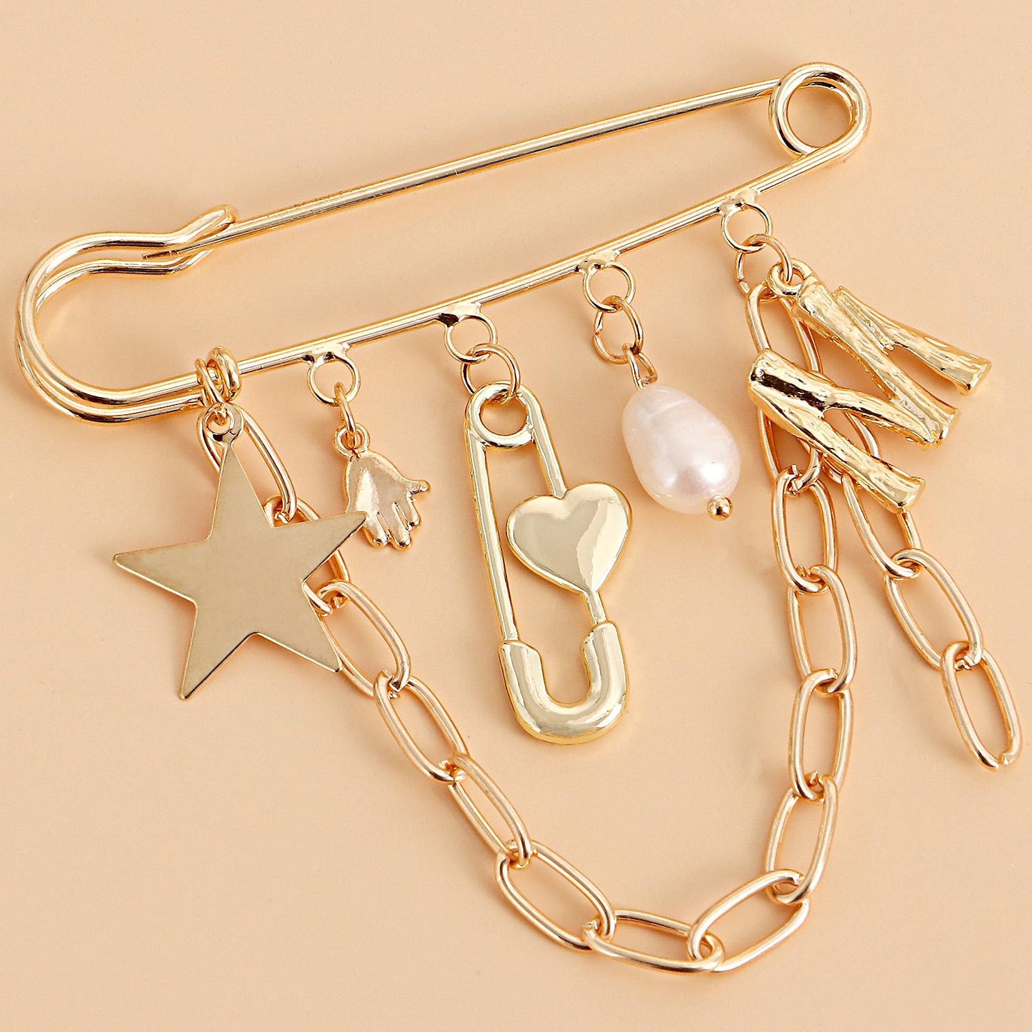 Geometric Star and Letter M Pendant Brooch with Tassel Detail in Alloy with Plated Finish for Women