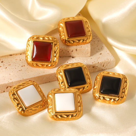 Retro French-Style Square Stainless Steel Hammered Texture Stud Earrings for Women with Agate Inlay, Hypoallergenic Plated Finish
