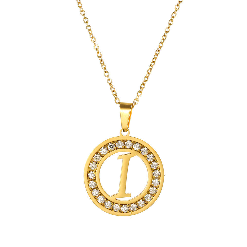 Minimalist Gold Plated Round Letter Rhinestone Inlay Pendant Necklace Titanium Steel Cable Chain