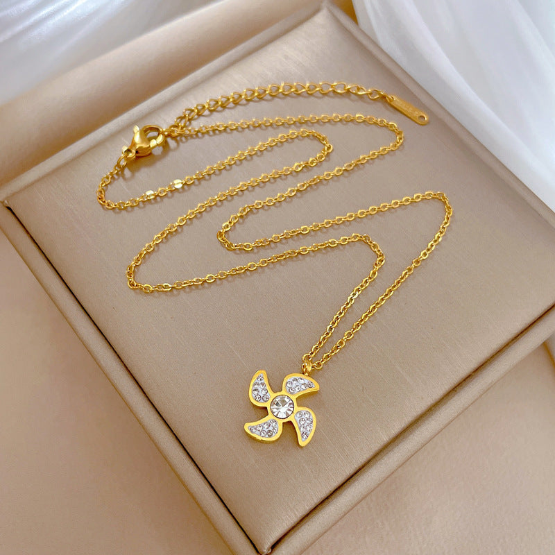 Minimalist Geometric Windmill Pendant Necklace for Women and Men in Titanium Steel with Gold Plating