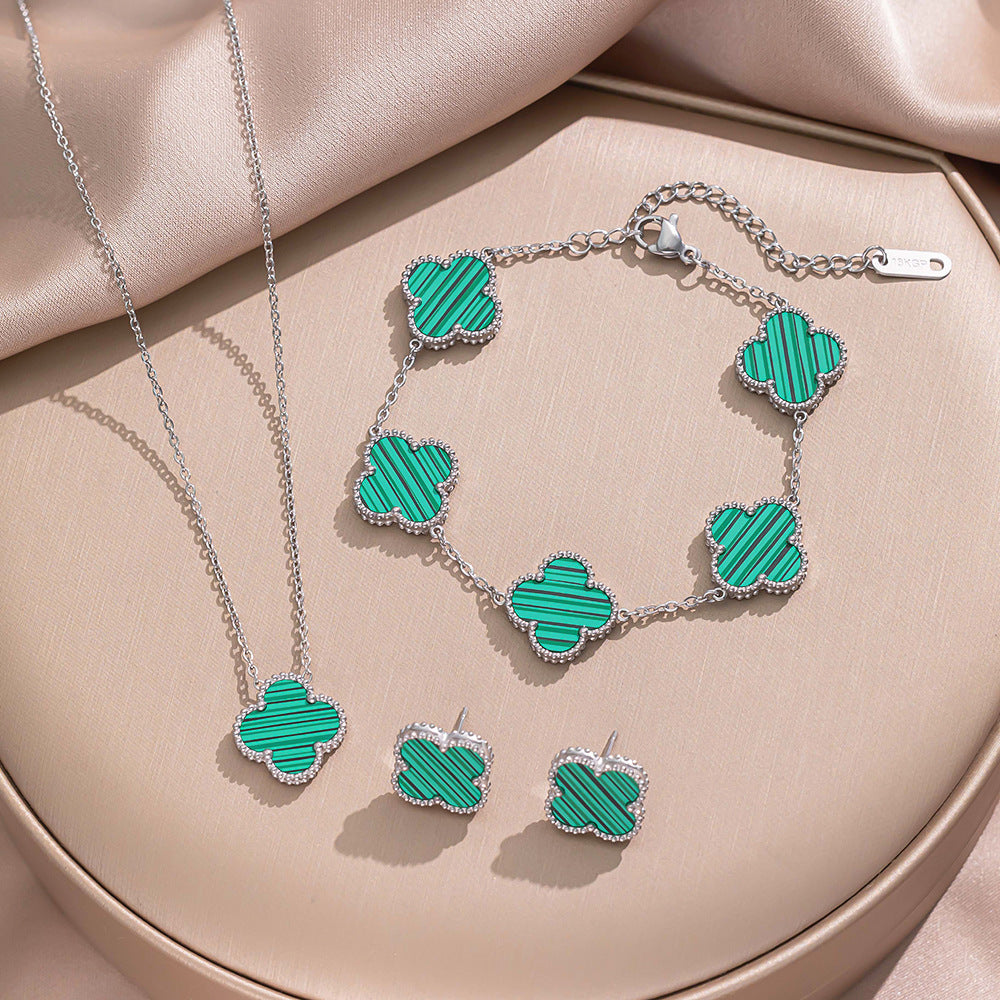 Minimalist Clover-Shaped Titanium Steel Necklace Set with Matching Bracelet and Earrings for Women