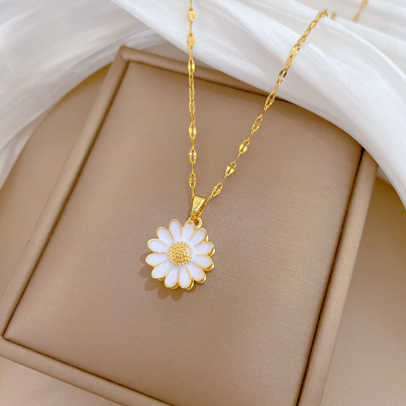 Sweet Elegant Geometric Sunflower Gold Plated Titanium Steel Necklace with Rhinestone Brass Pendant for Unisex