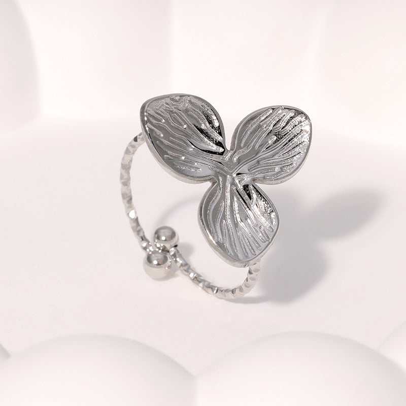 Minimalist Leaf-Shaped Stainless Steel Open Ring with Plating Finish for Women