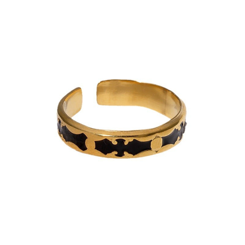 Vintage Stainless Steel Adjustable Ring with 18K Gold Plating and Enamel Finish for Women