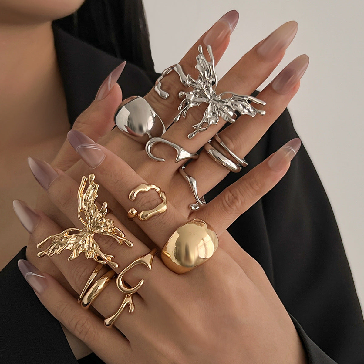 Minimalist Lava Butterfly Ring Set Geometric Animal-Shaped Open Band Stackable Metal Rings for Women