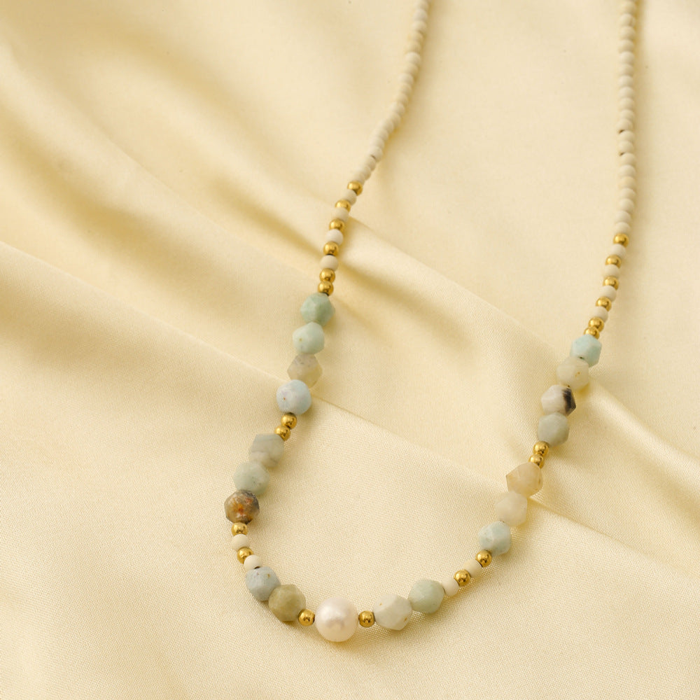 Minimalist Geometric Titanium Steel Beaded Necklace for Women with Red Jasper Sunstone Amazonite Natural Pearls