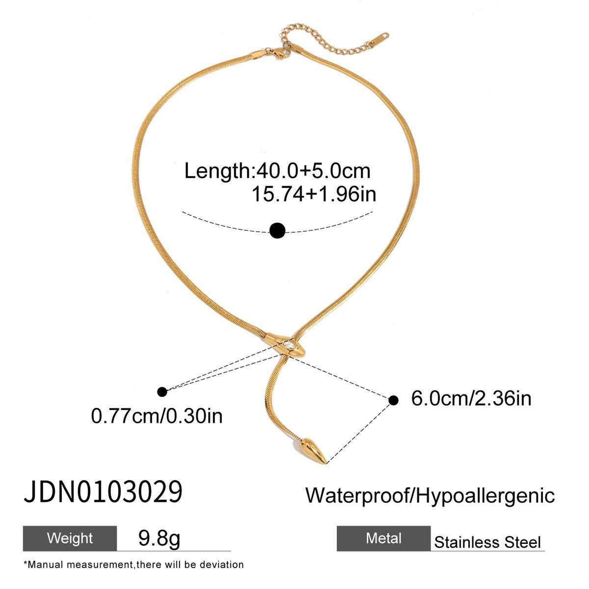 Minimalist Snake-Shaped Stainless Steel Necklace with PVD Gold Plating for Women