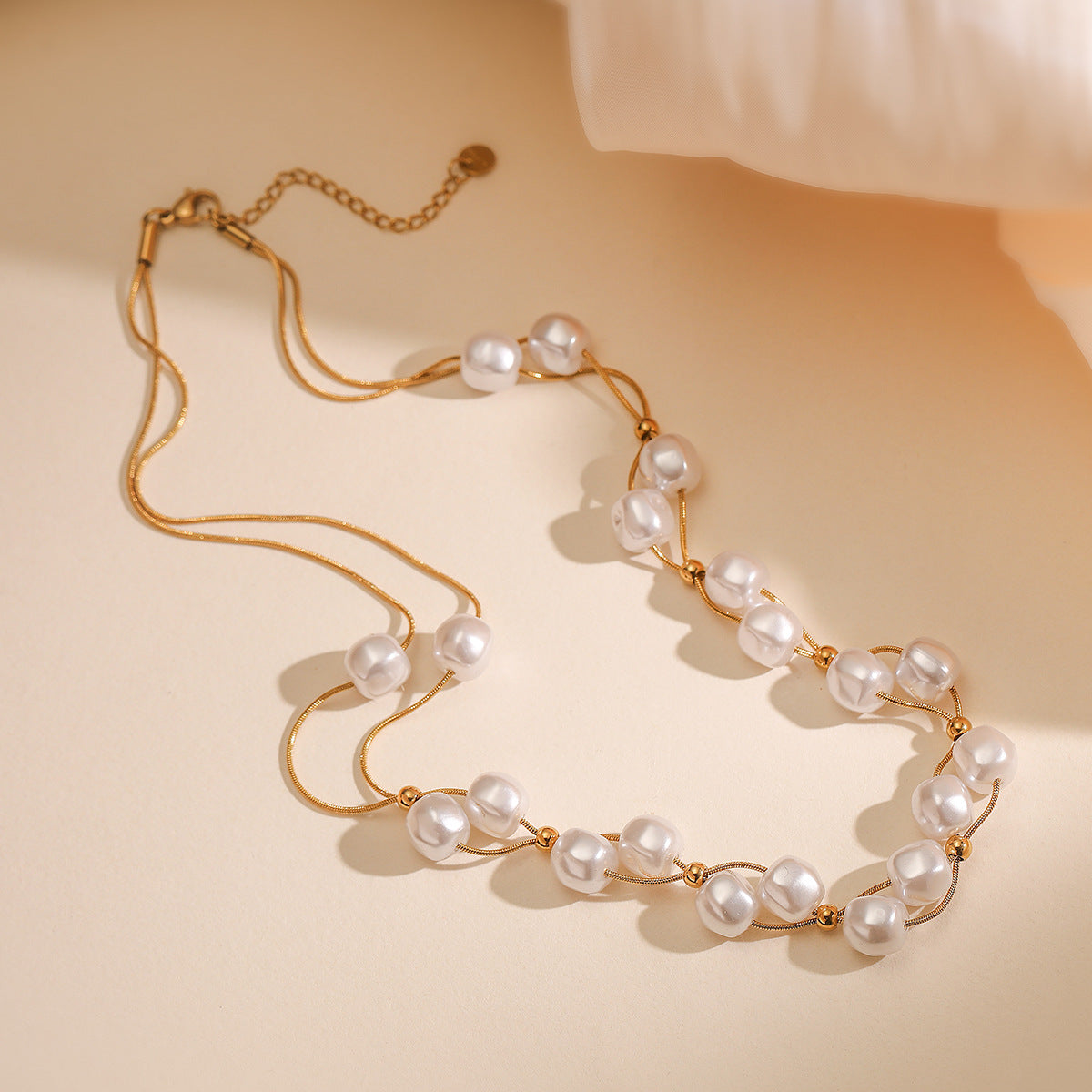 Elegant 18K Gold Plated Stainless Steel Geometric Double Layer Pearl Necklace for Women