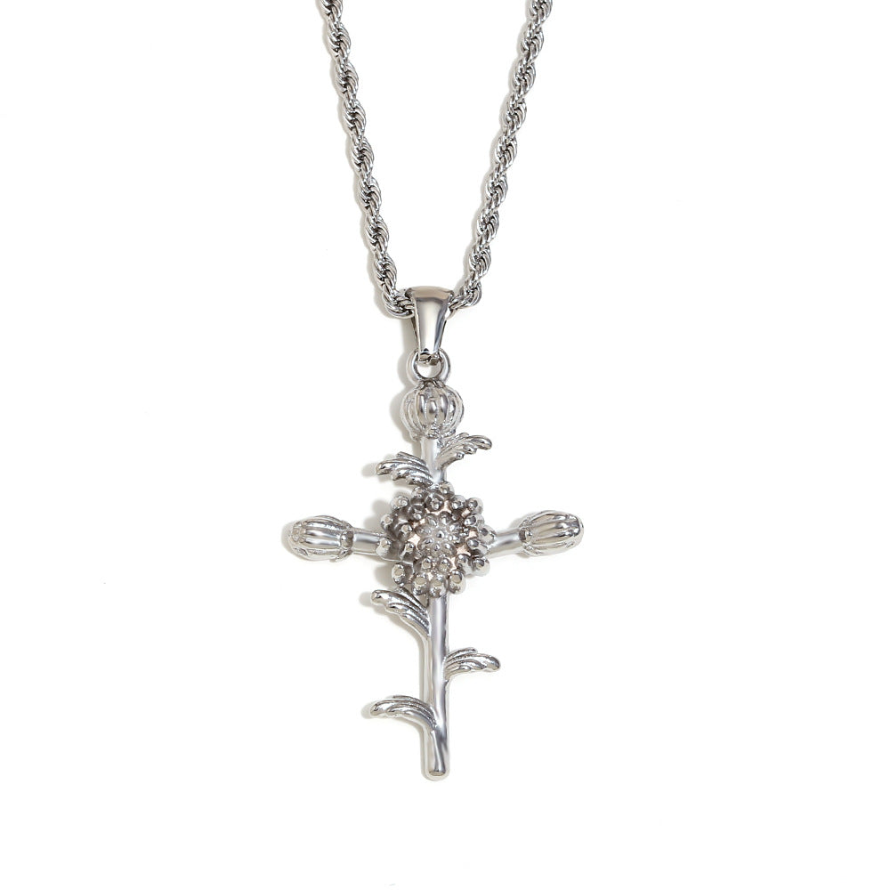 Vintage French-Style Floral Pendant Necklace in Stainless Steel with 18K Gold Plating for Women
