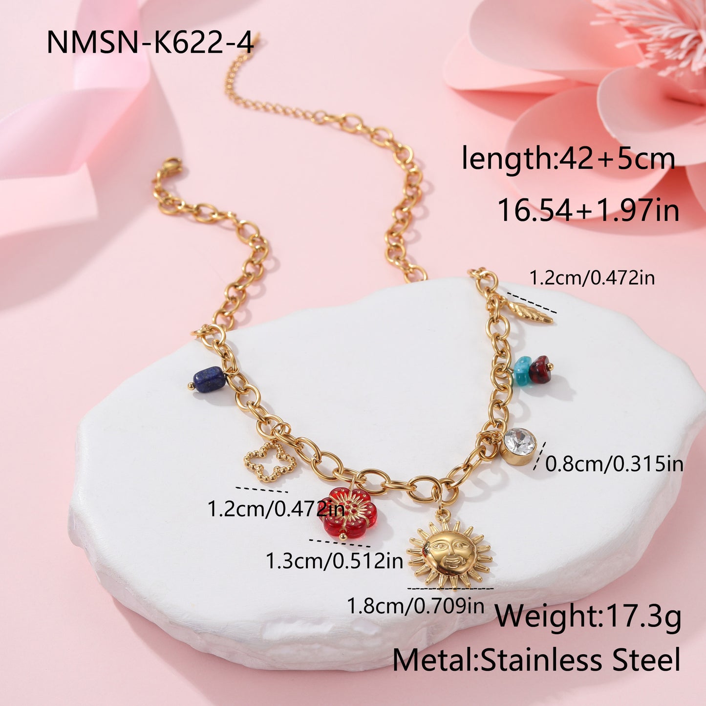 Fashionable Floral and Geometric Sun Pendant Necklace in Stainless Steel with 18K Gold Plating for Women