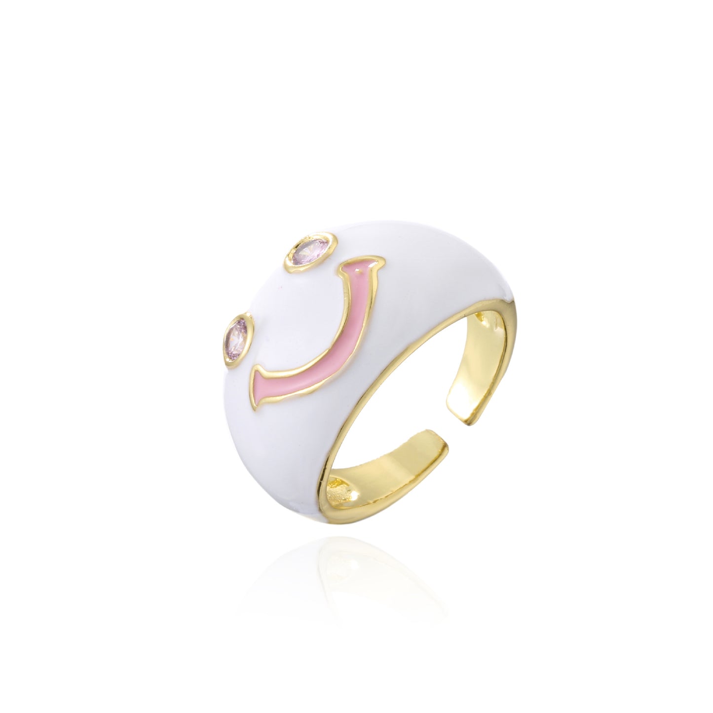 Cute Smiley Face Geometric Drip Oil Brass Ring for Women Adjustable Open Design