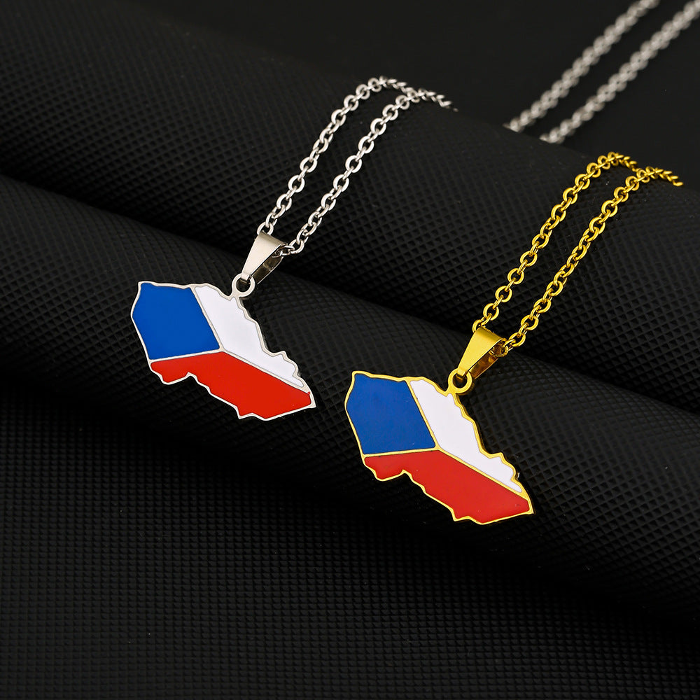 Collana con Ciondolo Vintage Smaltato con Bandiera della Mappa Ceca in Acciaio al Titanio e Catena a O per Unisex