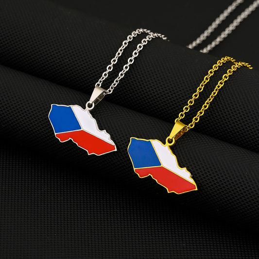 Collar con Colgante de Bandera de Mapa Checo Esmaltado Retro de Acero de Titanio con Cadena en O para Unisex