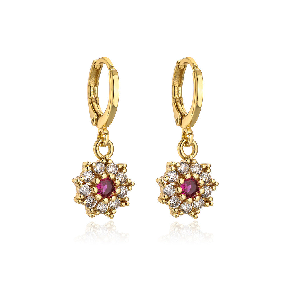 Orecchini pendenti floreali minimalisti da donna in rame con placcatura in oro 18 carati e intarsio di zirconi cubici