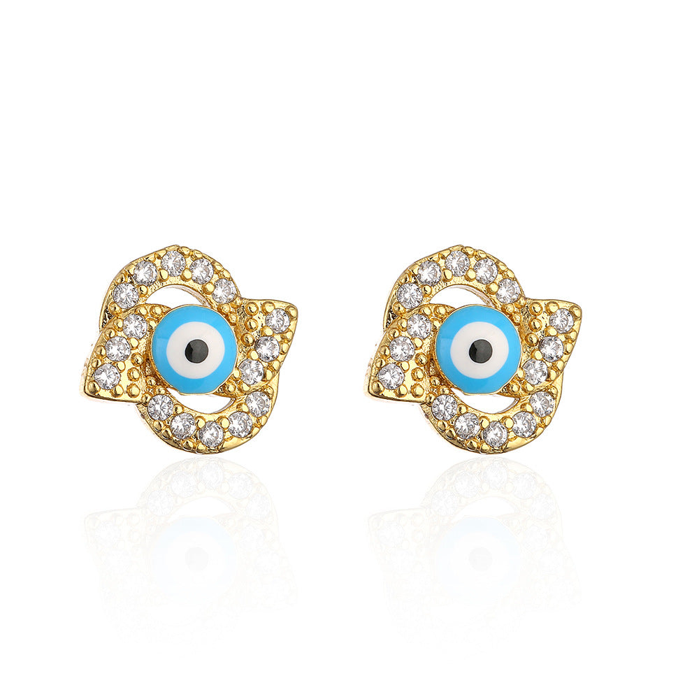 Minimalist Geometric Eye Stud Earrings for Women with Copper Base Plated in 18K Gold and Enamel Finish with Micro-Paved Zirconia
