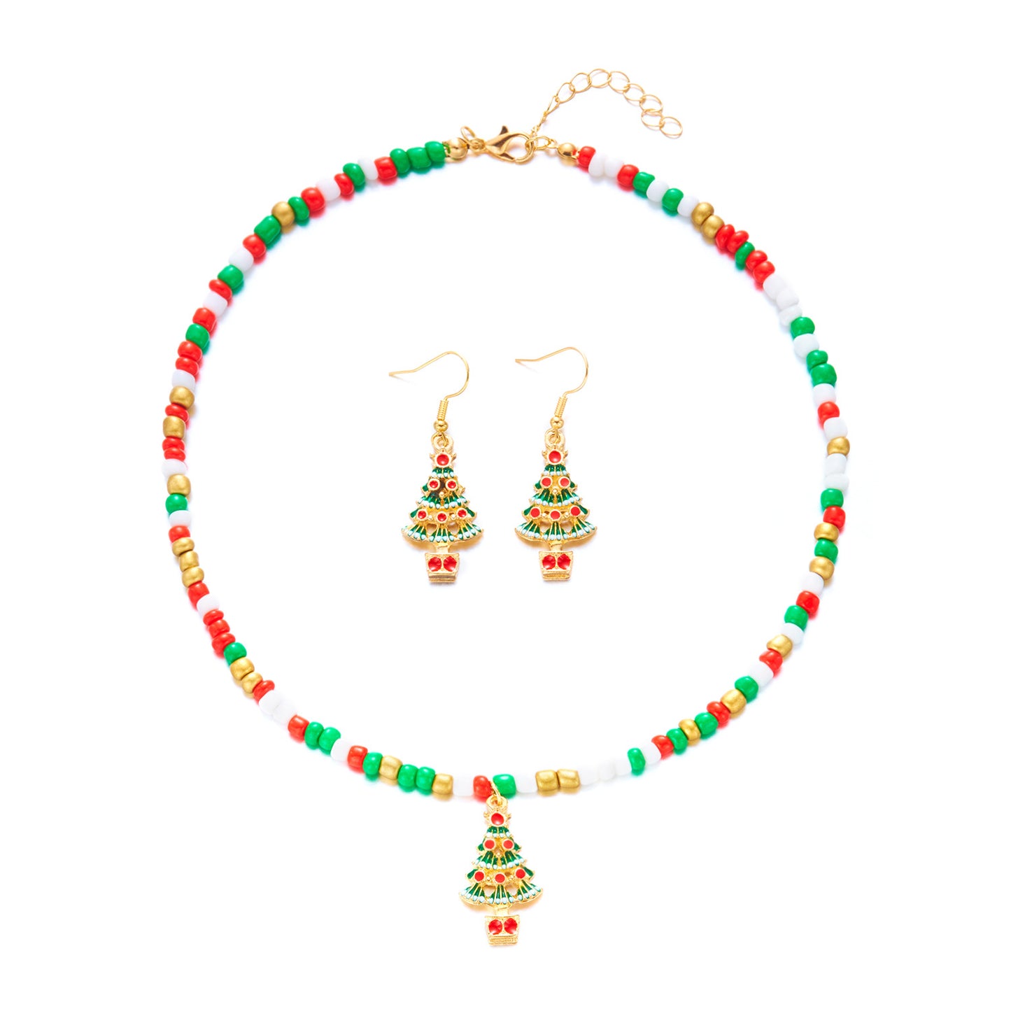 Set di Collana e Orecchini con Ciondoli ad Albero di Natale e Fiocco di Neve, Finitura Smaltata in Lega per Donna