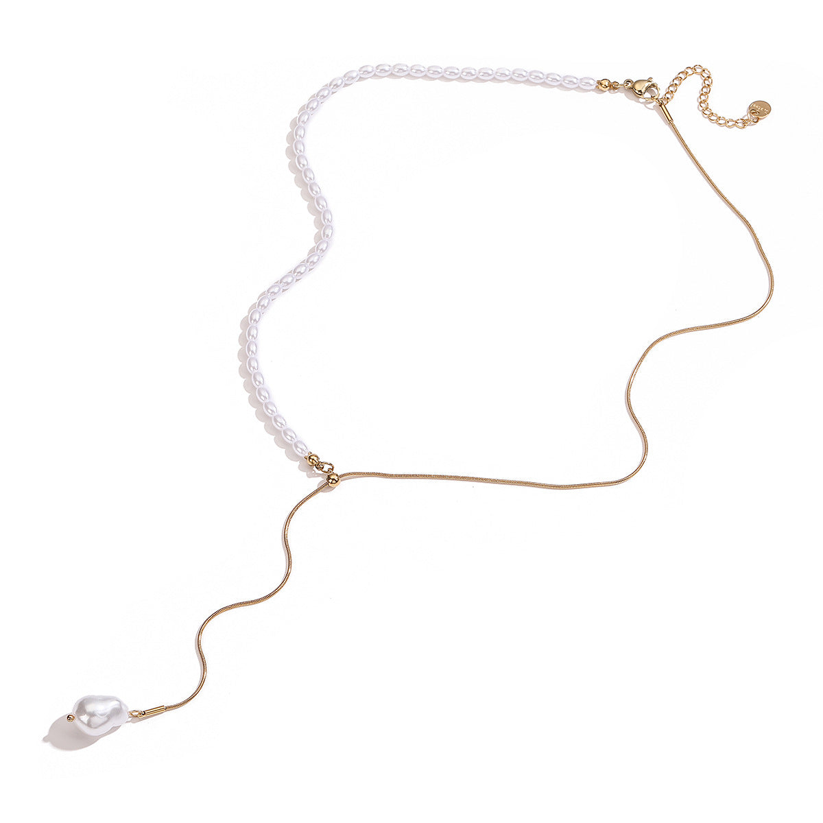 Minimalist Geometric Pearl Inlay Titanium Steel Necklace with Tassel for Women
