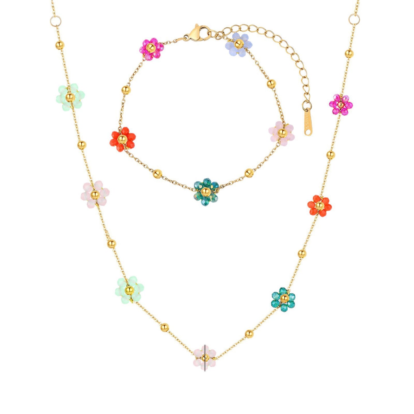 Set Collana e Bracciale da Donna con Perline e Fiori placcati in Acciaio Inossidabile, con Motivo Floreale di Tendenza