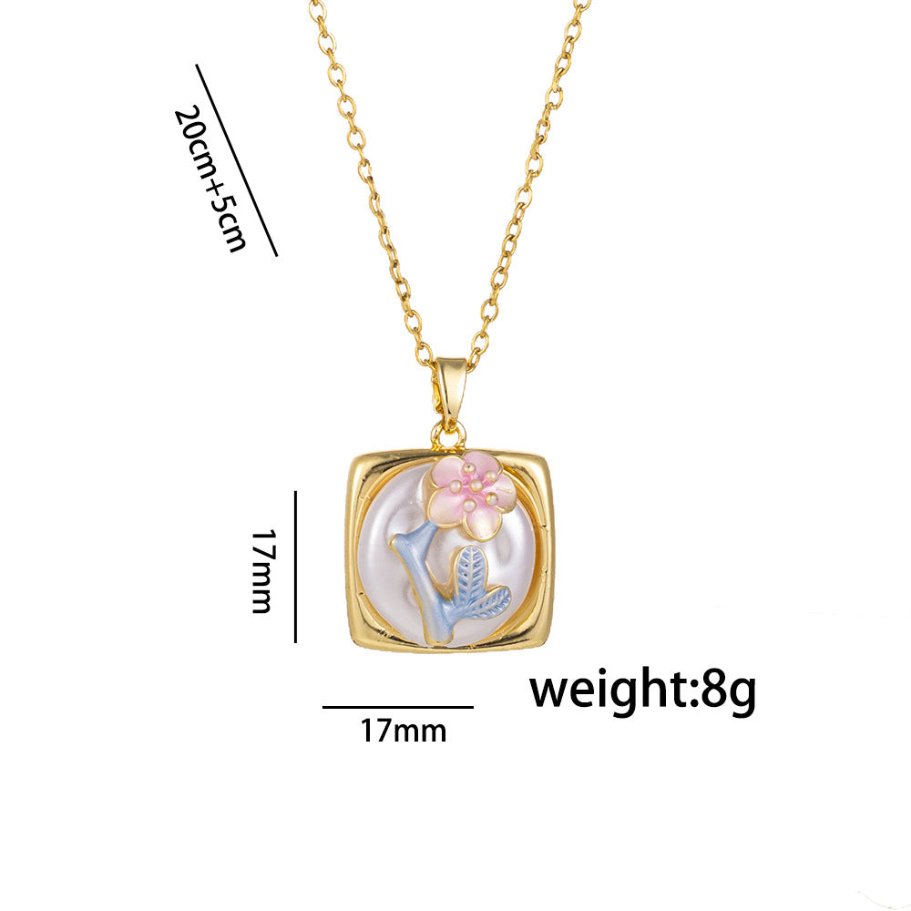Elegant French Vintage Enamel Floral Pendant Necklace with Freshwater Pearl and Titanium Steel Chain for Women
