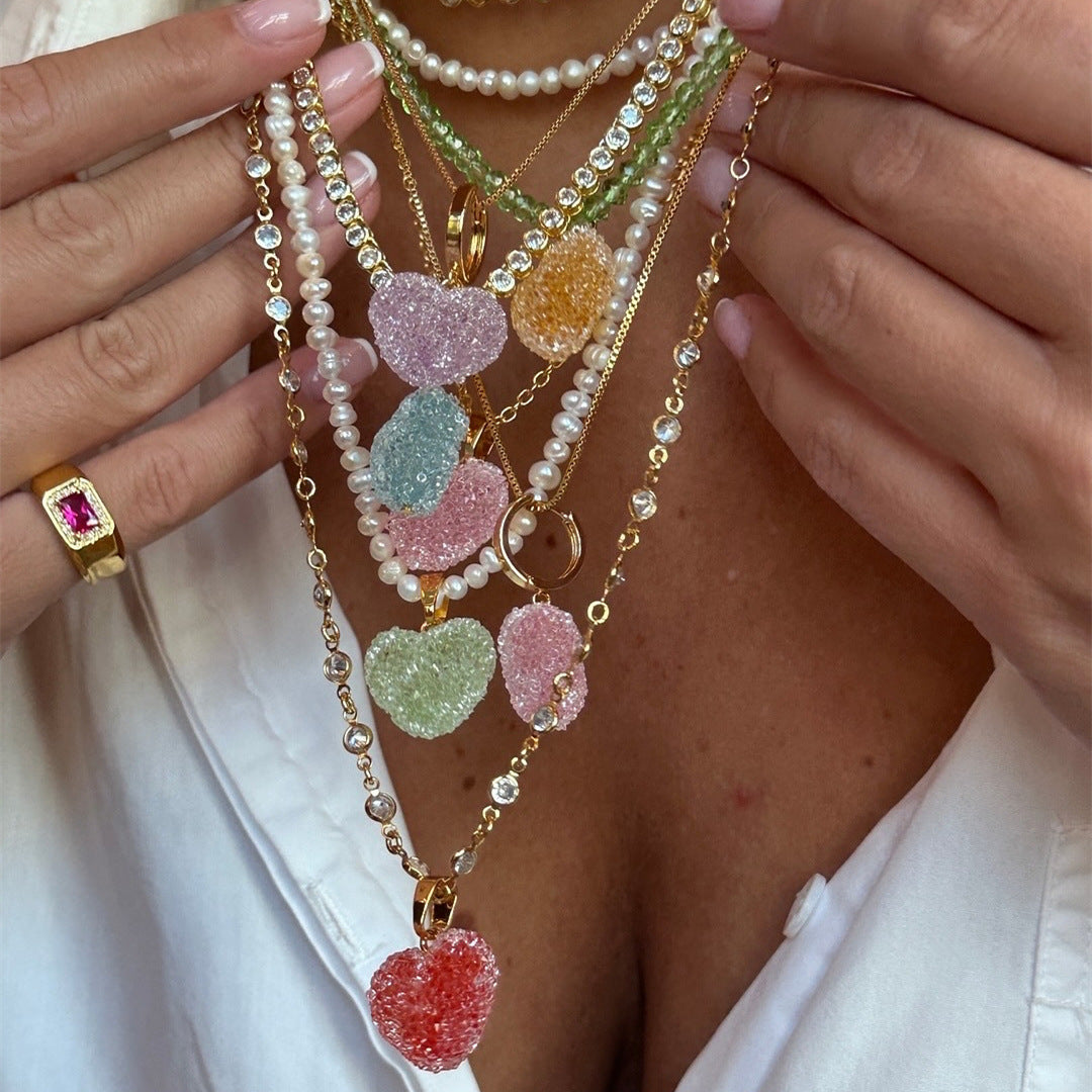 Sweet Colorful Heart Geometric Acrylic Pearl Plated Necklace