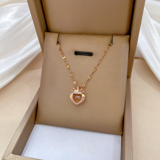 Elegant Crown Heart Pendant Necklace for Women Stainless Steel Delicate Clavicle Chain with Moon Motif