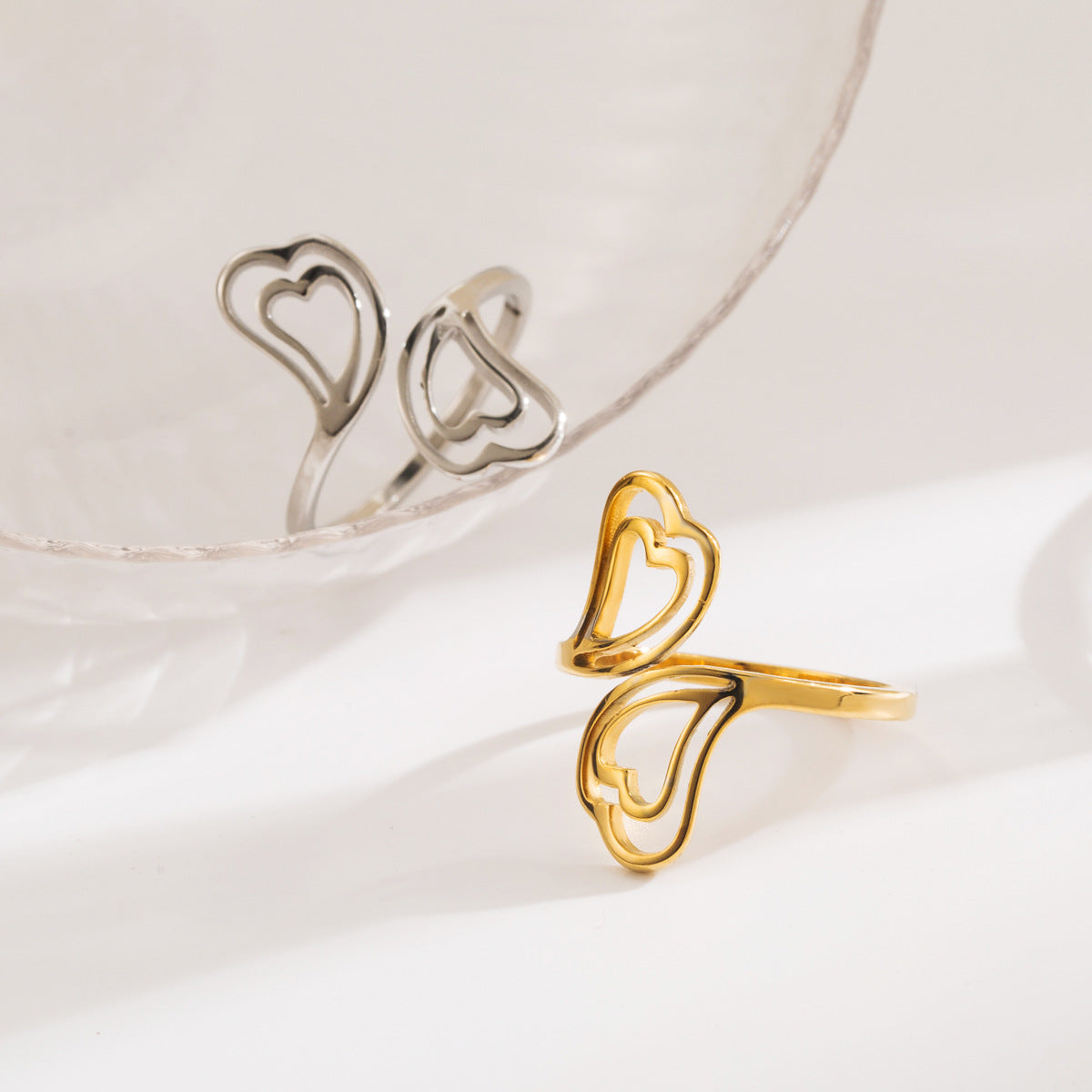 Vintage Minimalist Hollow Double Heart Stainless Steel Adjustable Ring for Women